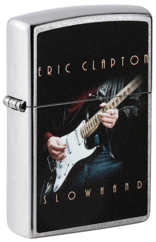 Briquet Zippo vue de face ¾ angle chromé avec image colorée d'Eric Clapton jouant de la guitare