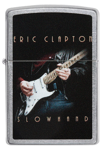 Briquet Zippo vue de face chromé avec image colorée d'Eric Clapton jouant de la guitare