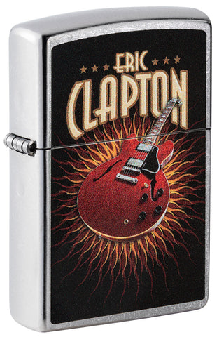 Briquet Zippo vue de face ¾ angle chromé avec image colorée d'une guitare rouge d'Eric Clapton