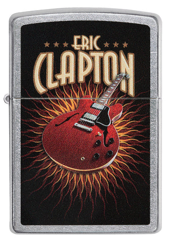 Briquet Zippo vue de face chromé avec illustration en couleur d'une guitare rouge d'Eric Clapton