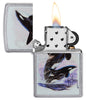 Briquet Zippo vue de face ¾ angle chromé avec illustration en couleur de deux orques dessinées par Guy Harvey