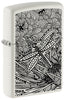 Briquet Zippo vue de face ¾ angle blanc mat avec illustration d'une libellule dans le style de l'art aborigène