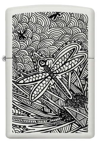Briquet Zippo vue de face blanc mat avec illustration d'une libellule dans le style de l'art aborigène