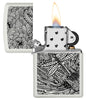 Briquet Zippo vue de face blanc mat ouvert et allumé avec illustration d'une libellule dans le style de l'art aborigène