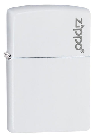 Vue de face 3/4 briquet Zippo blanc mat modèle de base avec logo Zippo