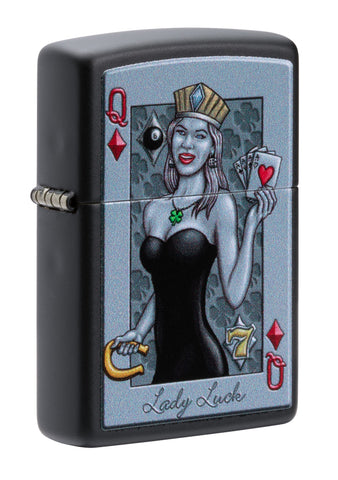 Frontansicht 3/4 Winkel Zippo Feuerzeug Lady Luck Design Herzdame mit Krone und Hufeisen schwarz matt Online Only