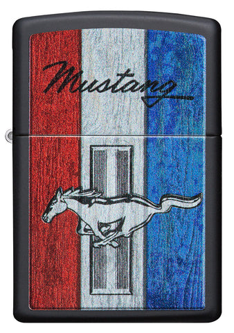 Briquet Zippo vue de face noir mat avec illustration en couleur du logo Ford Mustang