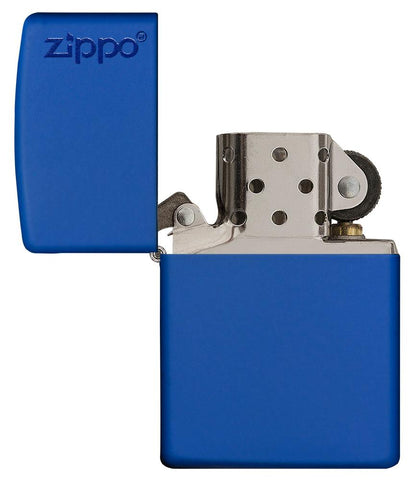 Briquet Zippo bleu royal mat modèle de base avec logo Zippo, ouvert