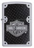 Vue de face briquet Zippo Satin Chrome avec logo Harley Davidson et fond noir