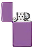 Vue de face briquet Zippo Slim High Polish Lila modèle de base, ouvert