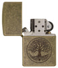 Briquet Zippo laiton antique gravure arbre de vie, ouvert