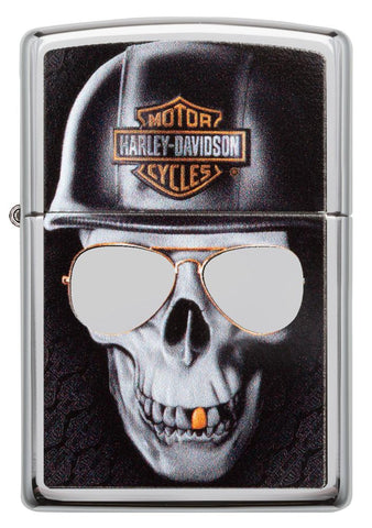 Vue de face briquet Zippo chromé Harley Davidson grande tête de mort avec casque