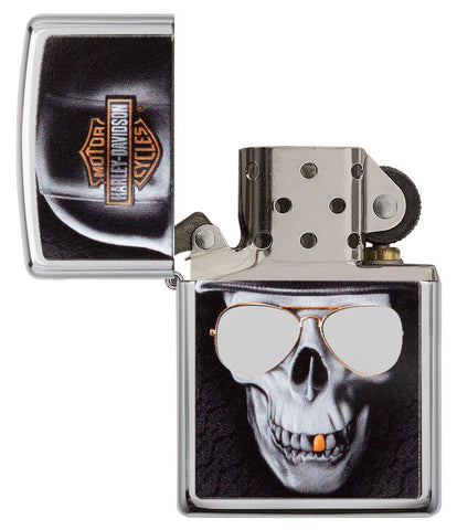 Briquet Zippo chromé Harley Davidson grande tête de mort avec casque, ouvert