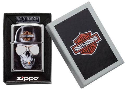 Briquet Zippo chromé Harley Davidson grande tête de mort avec casque, dans une boîte ouverte