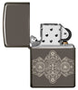 Briquet Zippo vue de face Black Ice® ouvert avec gravure à 360° des flammes Zippo et du logo en design bande de cigares