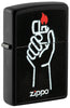 Briquet Zippo vue de face ¾ angle noir mat avec illustration du briquet Zippo dans une main et logo Zippo