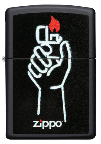 Briquet Zippo vue de face noir mat avec illustration du briquet Zippo dans une main et logo Zippo