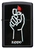 Briquet Zippo vue de face noir mat avec illustration du briquet Zippo dans une main et logo Zippo