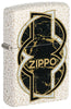 Briquet Zippo vue de face ¾ angle en verre Mercury blanc avec forme marbrée noire et or au centre entouré d'une ligne blanche et d'une ligne noire