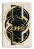 Briquet Zippo vue de face en verre Mercury blanc avec forme marbrée noire et or au centre entourée d'une ligne blanche et d'une ligne noire