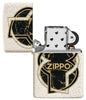 Briquet Zippo vue de face ouvert en verre Mercury blanc avec forme marbrée noire et or au centre entourée d'une ligne blanche et d'une ligne noire