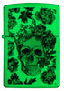 Briquet Zippo Vue de face fluorescente Crâne avec couronne entouré de fleurs bleues