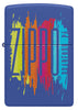 Briquet Zippo vue de face BLEU MATTE et fait de métal, avec une illustration en couleur qui montre le logo de Zippo teinté avec des couleurs de peinture.