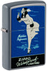 Briquet Zippo ¾ angle vue de côté et fait de métal, avec une illustration en couleur qui montre Windy, notre modèle publicitaire préféré en bleu.