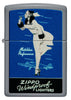 Briquet Zippo  vue de face et fait de métal, avec une illustration en couleur qui montre Windy, notre modèle publicitaire préféré en bleu.
