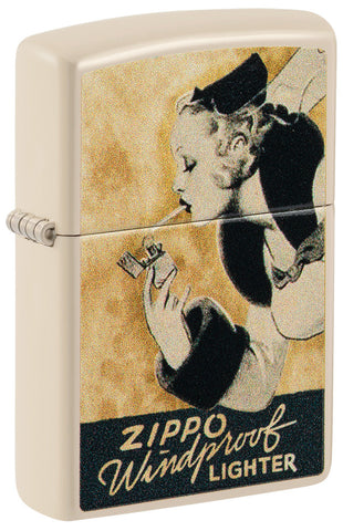  Briquet Zippo ¾ angle vue de côté et fait de métal, avec une illustration en couleur qui montre  Windy, au look vintage . Le modèle glamour de la publicité "Ventilator-Test", dans un style qui convient parfaitement à un briquet Flat Sand.