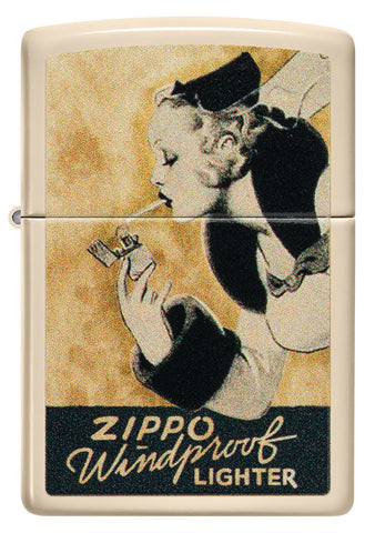 Briquet Zippo  vue de face et fait de métal, avec une illustration en couleur qui montre Windy, au look vintage . Le modèle glamour de la publicité "Ventilator-Test", dans un style qui convient parfaitement à un briquet Flat Sand.