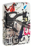 Briquet Zippo ¾ angle 540° vue de face et fait de métal, avec une illustration en couleur inspiré de l'art de la rue, qui montre un cycliste téméraire au-dessus d'un collage d'autocollants et de tracts.