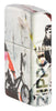 Briquet Zippo ¾ angle 540° vue de côté et fait de métal, avec une illustration en couleur inspiré de l'art de la rue, qui montre un cycliste téméraire au-dessus d'un collage d'autocollants et de tracts.