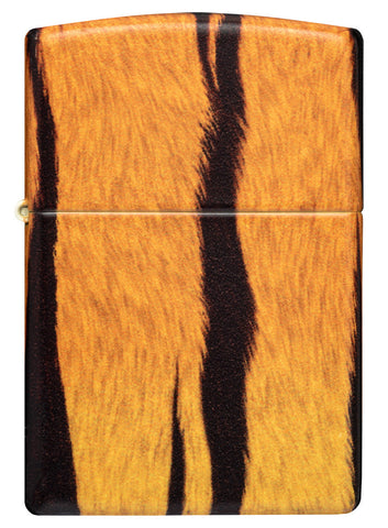 Briquet Zippo 540° vue de face et fait de métal, avec une illustration en couleur qui montre l'imprimé tigre classique