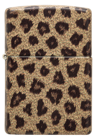 Briquet Zippo 540° vue de face et fait de métal, avec une illustration en couleur qui montre l'imprimé léopard classique