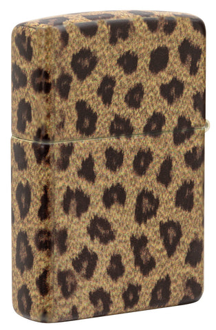 Briquet Zippo ¾ angle 540° vue de l'arrière et fait de métal, avec une illustration en couleur qui montre l'imprimé léopard classique