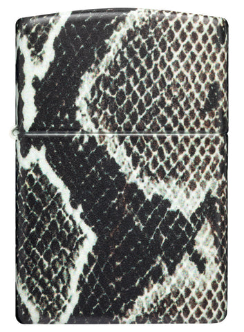 Briquet Zippo 540° vue de face en couleur blanc et noir et fait de métal, avec une illustration en couleur white matte qui montre l'imprimé classique en peau de serpent