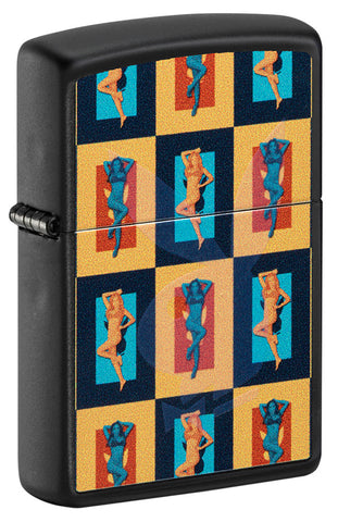 Briquet Zippo vue de face ¾ angle noir mat avec tête de lapin lumineuse Playboy et femmes style pop art.