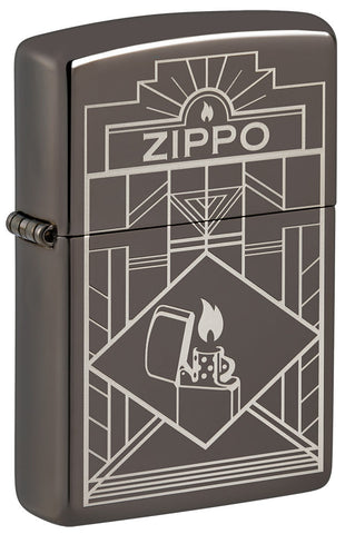 Briquet Zippo ¾ angle vue de côté gravure laser et fait de métal, avec une illustration en couleur qui montre le logo Zippo sur un dessin de style Art déco