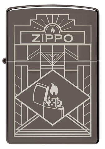 Briquet Zippo vue de face gravure laser et fait de métal, avec une illustration en couleur qui montre le logo Zippo sur un dessin de style Art déco