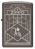 Briquet Zippo vue de face gravure laser et fait de métal, avec une illustration en couleur qui montre le logo Zippo sur un dessin de style Art déco