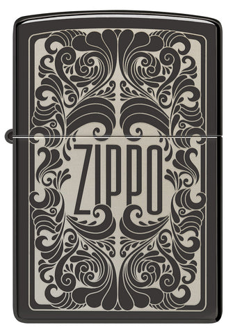 Briquet Zippo vue de face et fait de métal, avec une illustration en couleur qui montre le nom de Zippo a été gravé au laser dans un motif tourbillonnant et fluide.