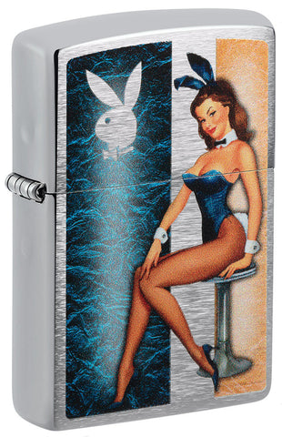 Zippo Feuerzeug Frontansicht ¾ Winkel gebürstetes Chrom mit Playboy Frau im Hasenkostüm