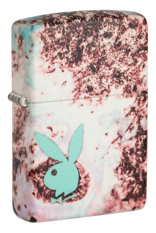 Briquet Zippo  ¾ angle 540° vue de face fait de métal, avec une illustration en couleur qui montre une palette de couleurs vives et tête de lapin Playboy couleur menthe.