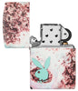 Briquet Zippo 540° vue de face ouvert  fait de métal, avec une illustration en couleur qui montre une palette de couleurs vives et tête de lapin Playboy couleur menthe.