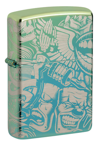 Briquet Zippo ¾ angle 360° vue de face fait de métal, avec une illustration en couleur qui montre le style tatouage avec des squelettes de clowns des dés de chance ainsi que des roses