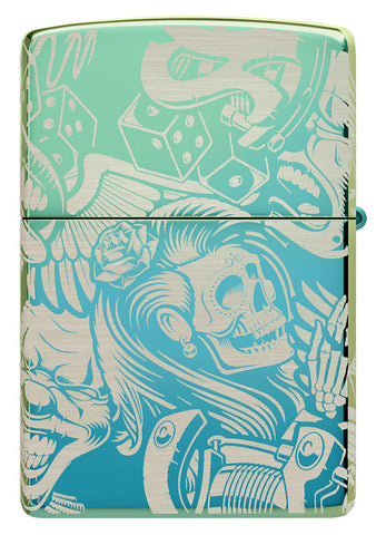 Briquet Zippo  360° vue de l'arrière fait de métal, avec une illustration en couleur qui montre le style tatouage avec des squelettes de clowns des dés de chance ainsi que des roses