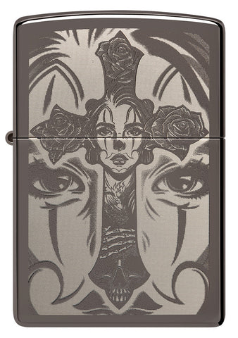 Briquet Zippo vue de face fait de métal, avec une illustration en couleur qui montre un motif de tête de mort et de croix tout droit 