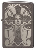 Briquet Zippo vue de face fait de métal, avec une illustration en couleur qui montre un motif de tête de mort et de croix tout droit 