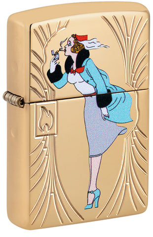 Briquet Zippo ¾ angle vue de face en couleur dorée et fait de métal, avec une illustration gravée en couleur qui montre Windy, notre modèle publicitaire préféré pour célébrer les 85 ans de Zippo